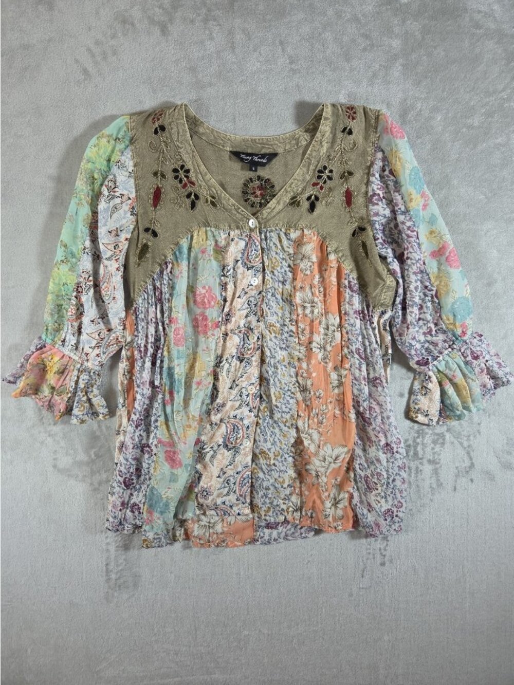 Young Threads Patchwork Floral Button-Down Top Embroidered Bell Sleeve Small